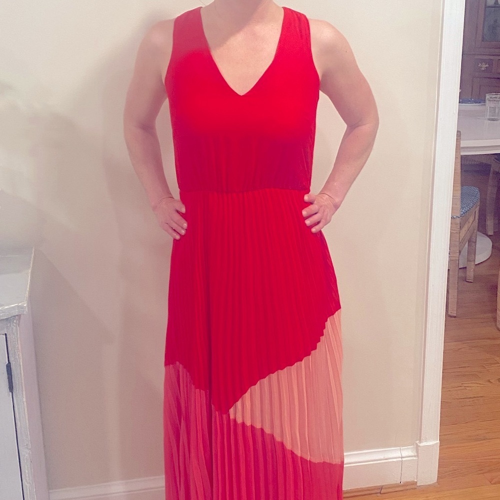 Taylor Pink and Red Asymmetrical Pleated A-line Cocktail Dress